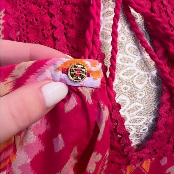 TORY BURCH 100% Cotton Pink & Orange Crotchet/Tassel Longsleeve Tunic Top Sz 6 - Picture 10 of 13